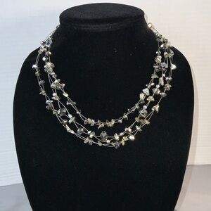 Triple Layered Multi Silver Colored stone fashion Statement Necklace 16”